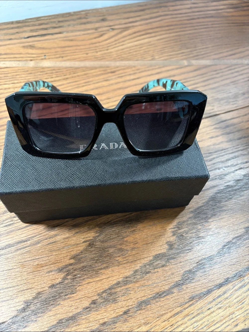 Prada Women’s Square Sunglasses with Turquoise Camo Temples